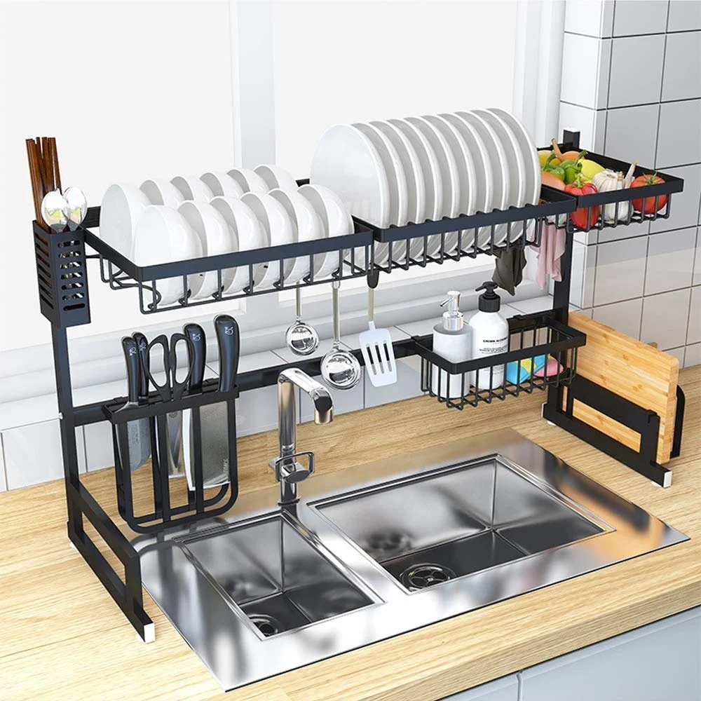 Kitchen Sink Dish Rack Side Chrome Draining Dish Rack With Drainboard And Cutlery Cup Utensil Organizer Holder