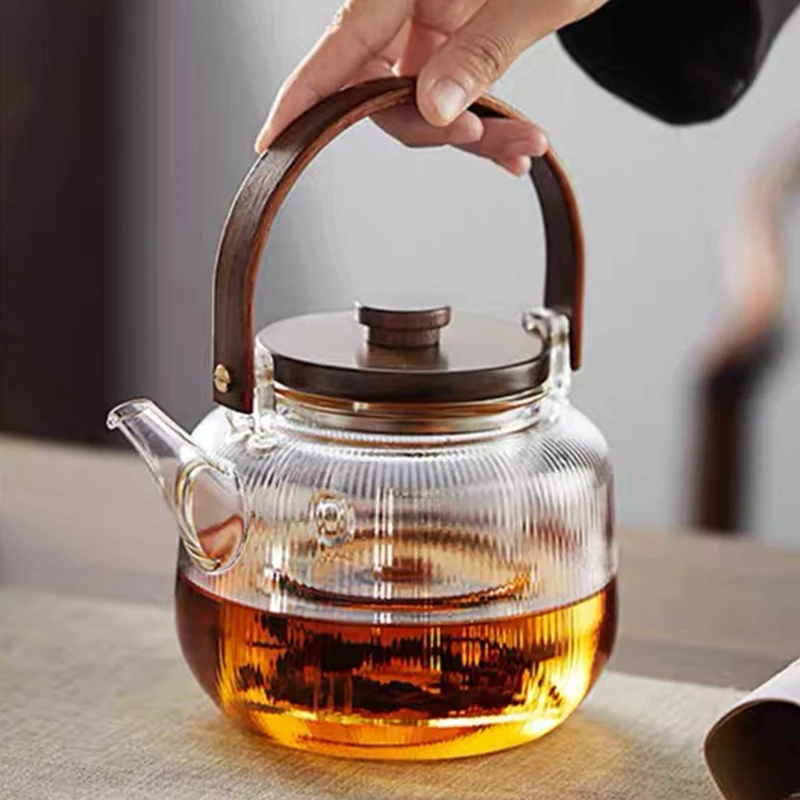Striped Cylindrical Glass Teapot-for Coffee & Tea Sets