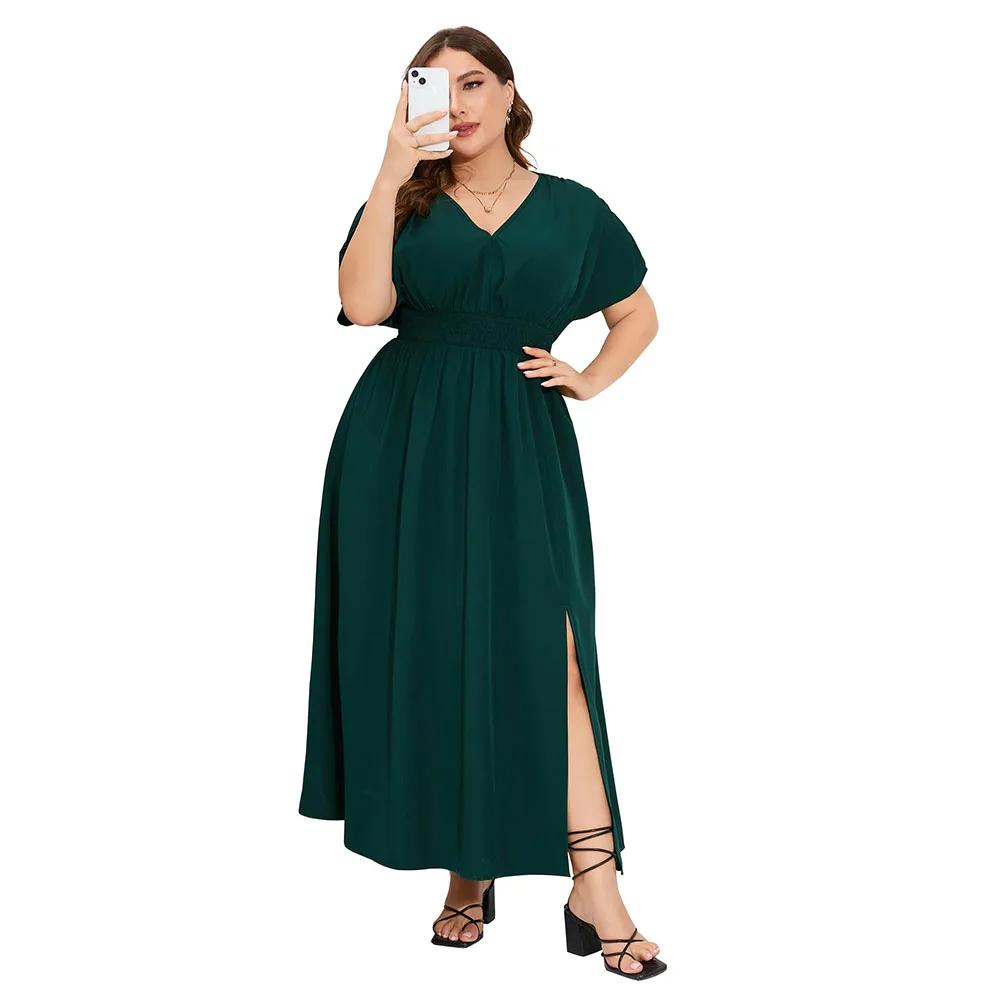 Plus Size V Neck Maxi Dress Short Sleeve Pleated High Waisted Split Casual Evening Party Summer Dress
