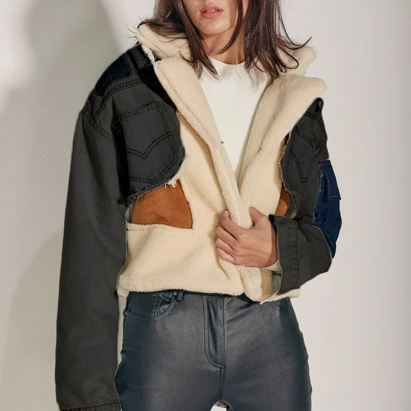 Женская куртка из джинсовой ткани синяя укороченная шерсти с мехом контрастная джинсовая свободного покроя для девушек и женщин зима 2022