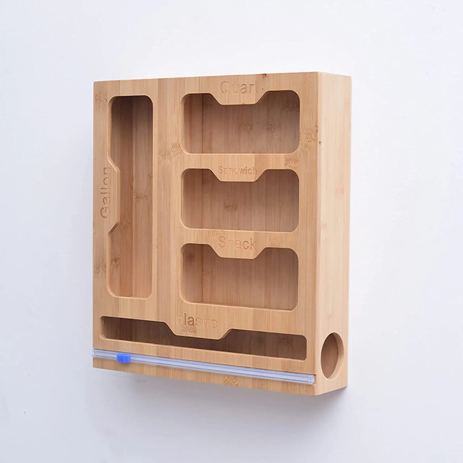 Wall Bamboo Food Ziplock Bag and Plastic Wrap Foil Storage Organizer and Dispenser for Kitchen Drawer