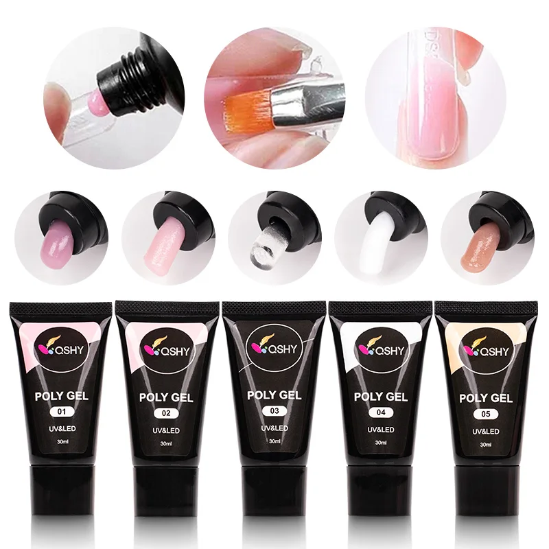 QSHY Private Label 30ml Glitter Nude Pink Clear Polygeling Acrylic Extension Hard Gel Solid Builder For Nail