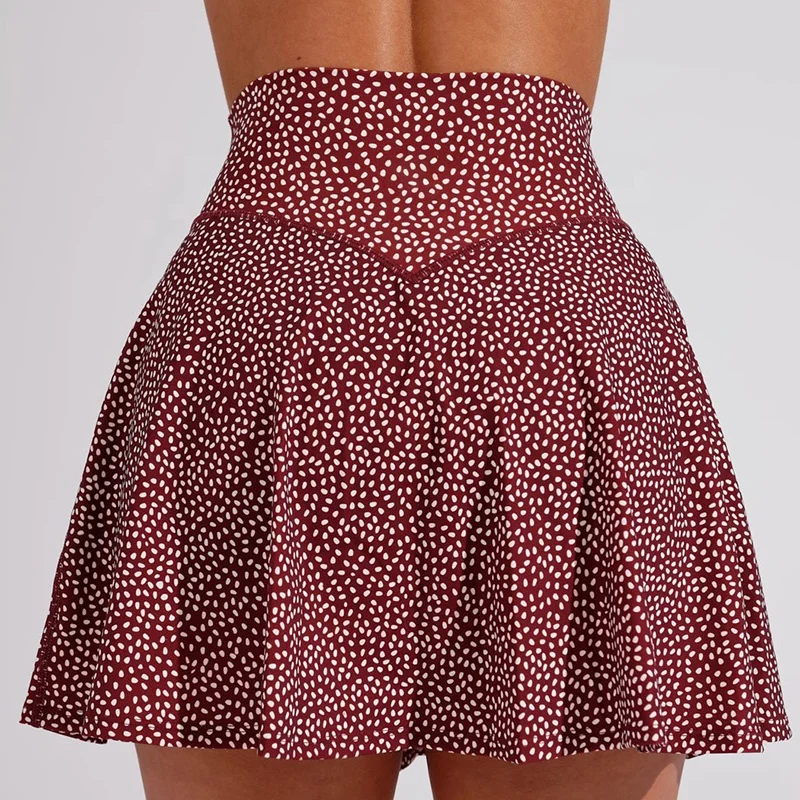 Custom Logo Wholesale High Waist Recycled Sportswear Dress Fit Side Pockets Red Dot Printed Mini Pleated Tennis Skort For Women