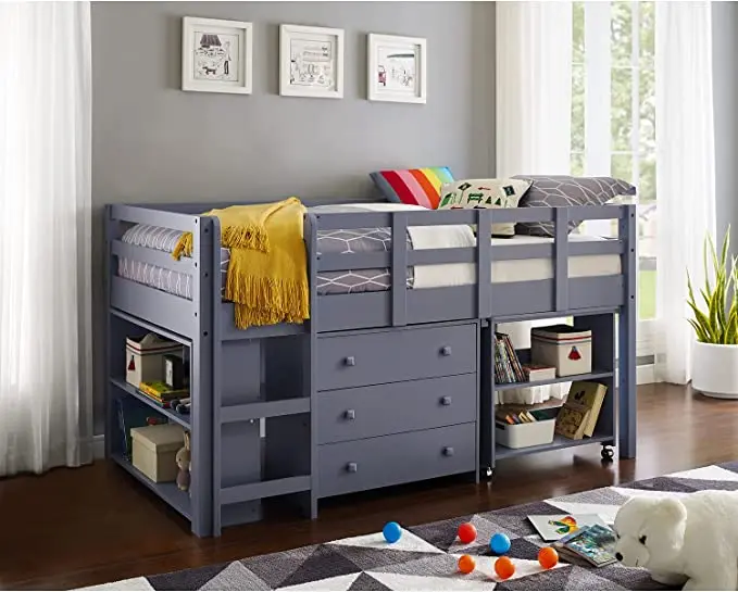 Twin Size Loft Bed with Desk Study Kids Storage Low Loft Bed Twin for Kids with Cabinet Ladder Safety Guard Rails Bookcase Shelf