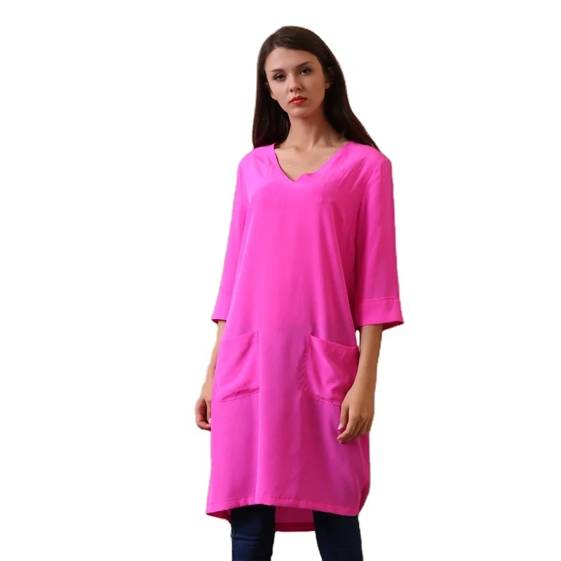 Brand OEM ODM Wholesale Hot Pink Pure Silk Crepe Stone Washed Basic V Neck A Line Tunic Dress for female