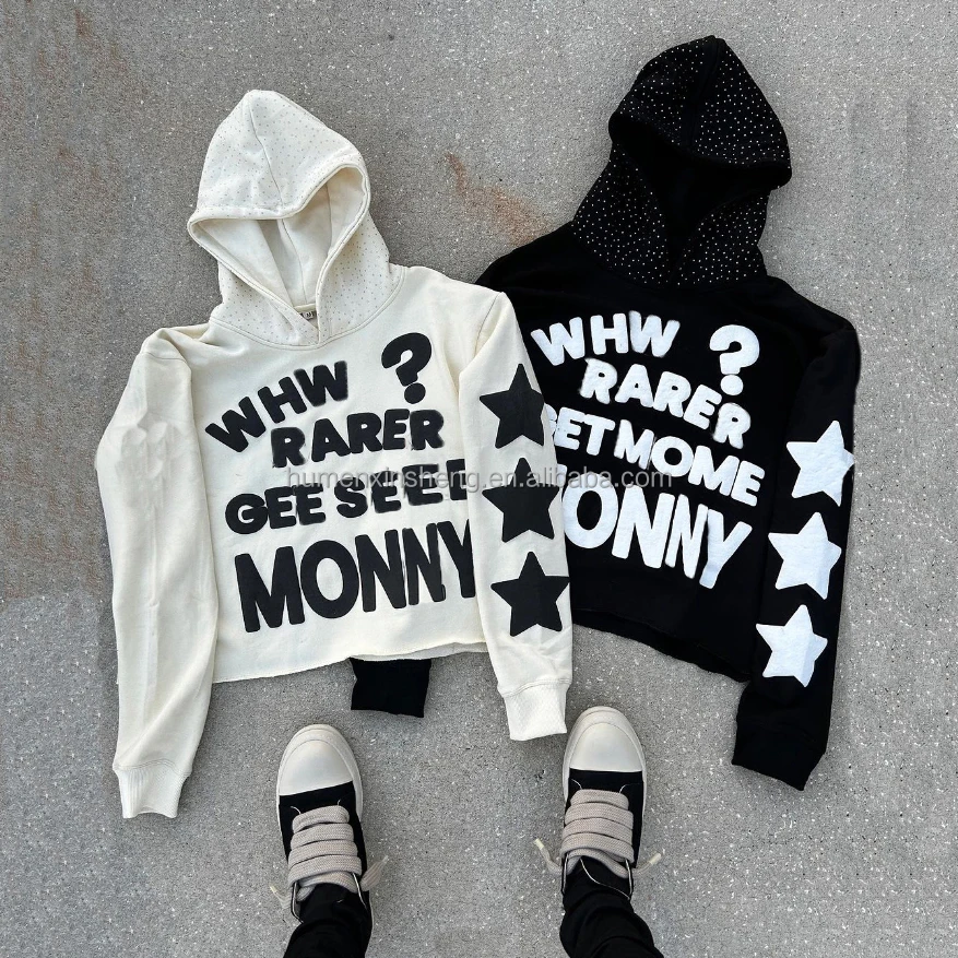 Manufacturer Custom french terry 100% cotton Anti-Shrink raw hem oversize rhinestone 3d puff print boxy cropped hoodie men