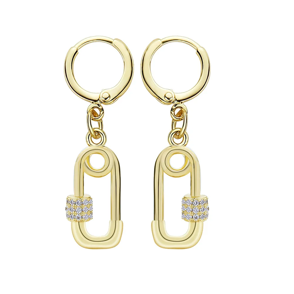 Best Selling 18K Gold Plated Diamond Pin Keychain CZ Zircon Safety Pin Drop Earrings