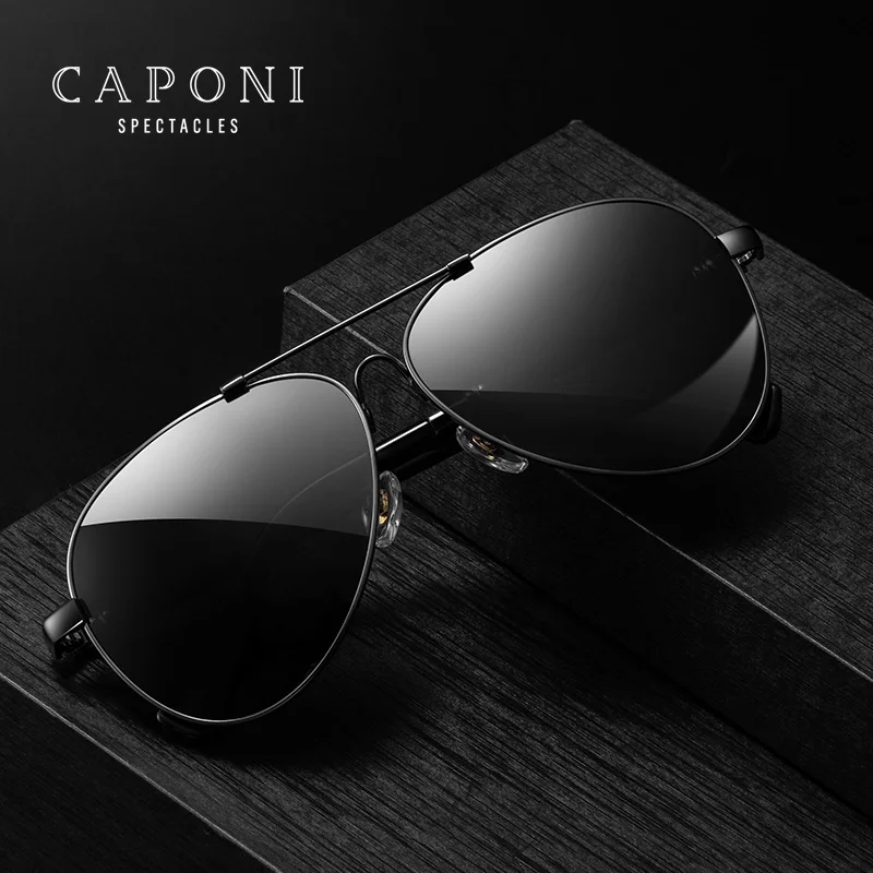 Мужские Винтажные Солнцезащитные очки CAPONI, черные поляризационные очки в металлической оправе с двойной перемычкой и защитой от ультрафиолета UV400, для вождения, 2021