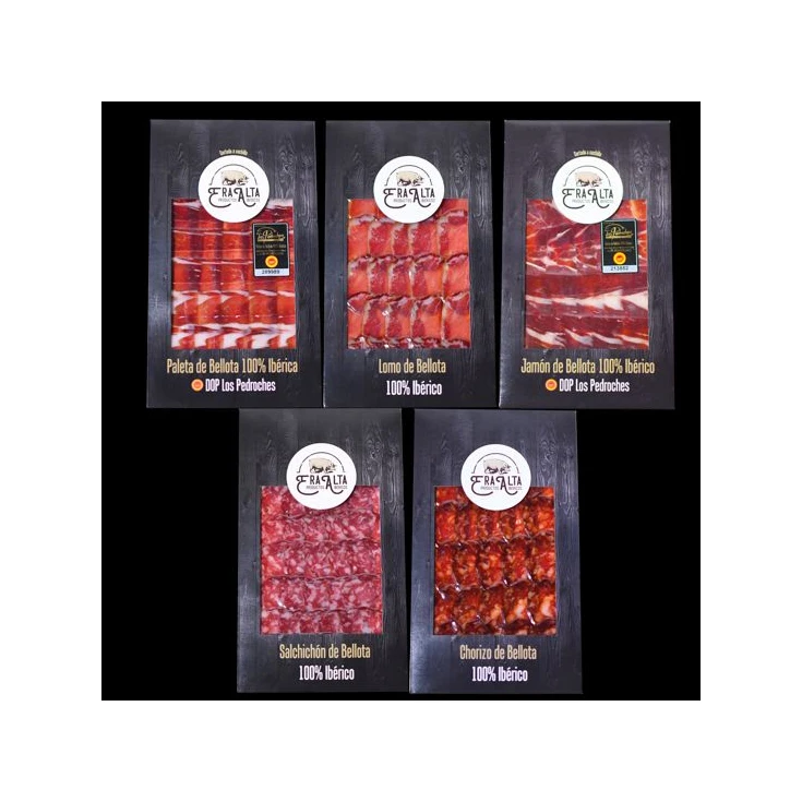 Era Alta Iberian Chorizo. Delicious special flavor. Acorn fed iberian Spain. Cured and salted pork meat ham sausage sliced