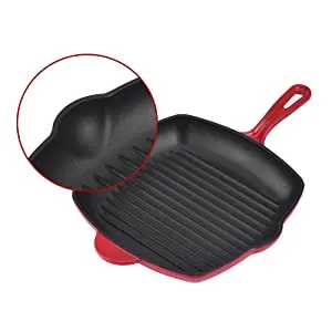 Nonstick Square Cast Iron Skillet Grilling Pan, Enameled Cast Iron Skillet Steak Pan with Side Drip Spout