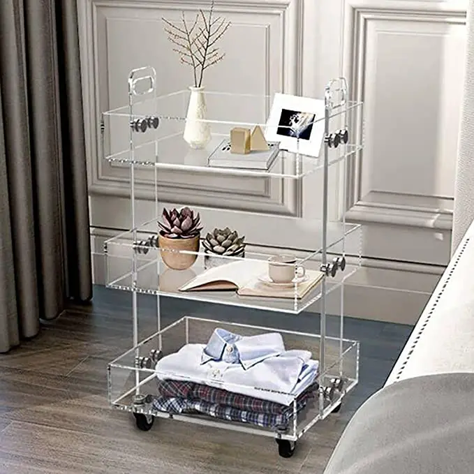 Acrylic 3-Tier Bar Cart with Wheels Sofa Side Table Acrylic Bedside Table with Wheels Clear Storage Rolling cart Table Storage