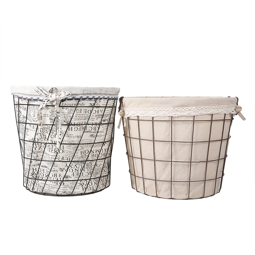 Metal Wire high quality material with  cotton lining  Laundry Basket  iron storage basket white canvas natural storage basket