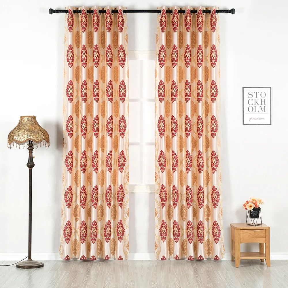 2020 New arrival luxury jacquard curtain for the living room ring top gold burgundy floral home curtain factory Zucchi