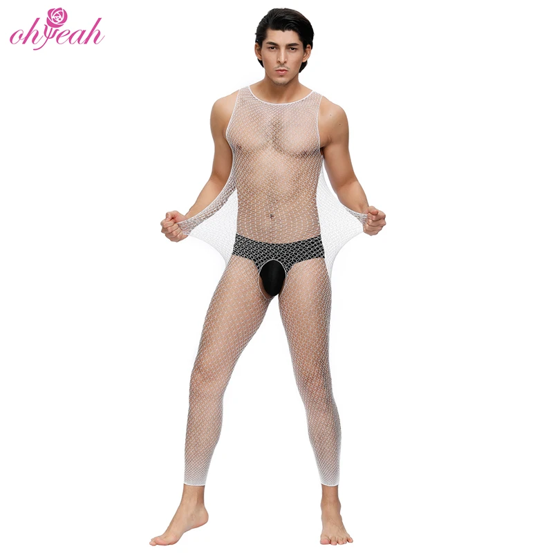 Оптовая продажа с длинным рукавом белые прозрачные сексуальные сетчатые мужские чулки