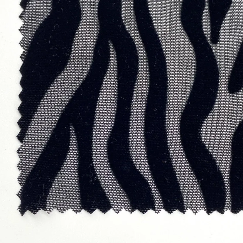 Customized pattern spandex nylon mesh flocking fabric stripe fabric for sexy women bodysuit