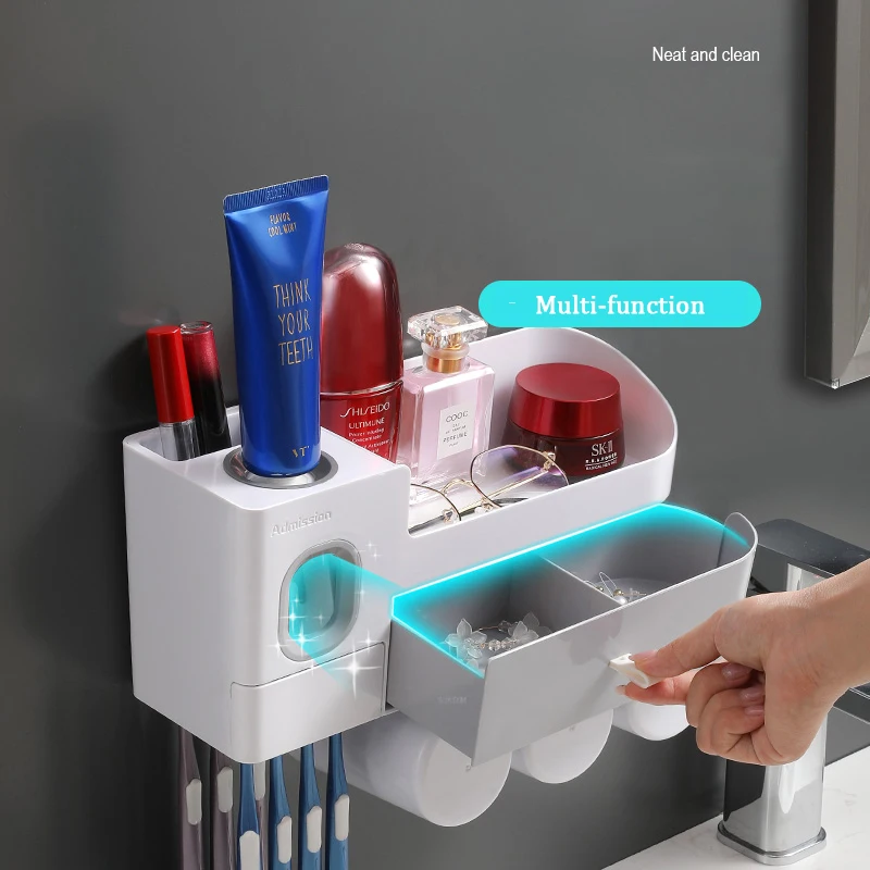 2021 New design creative style Plastic Toothbrush Holder with Automatic Squeezing Toothpaste Dispenser