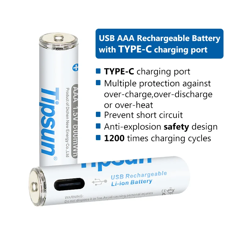 tipsun aa aaa usb rechargeable li-ion battery  1.5v 600mwh type c charger port