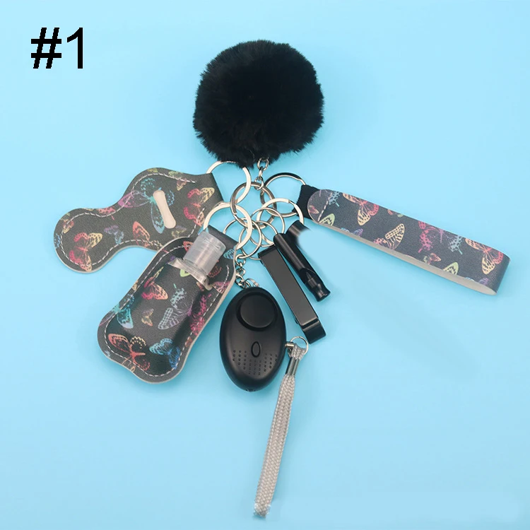 LED light safty alarm key chain self defense key chain 4-pieces set hand sanitizer keychains self defense keychain for women