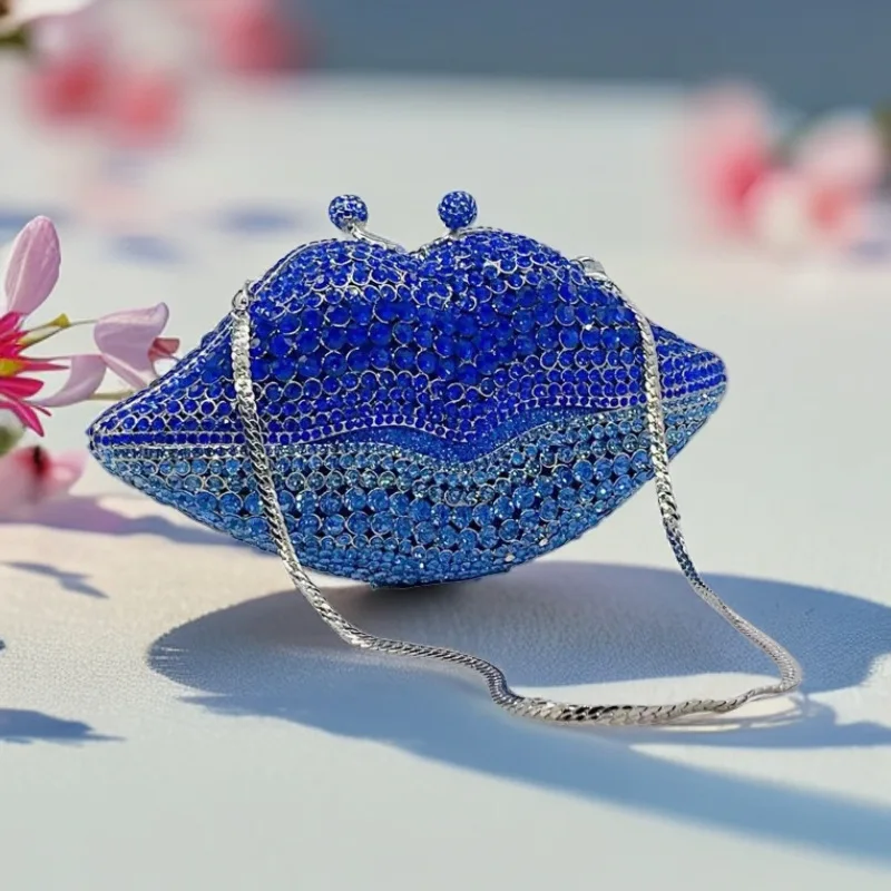 Trendy Bling Mini Charm Full Rhinestone Clutch Evening Bag Handbags Red Rhinestone Lip Bags For Women