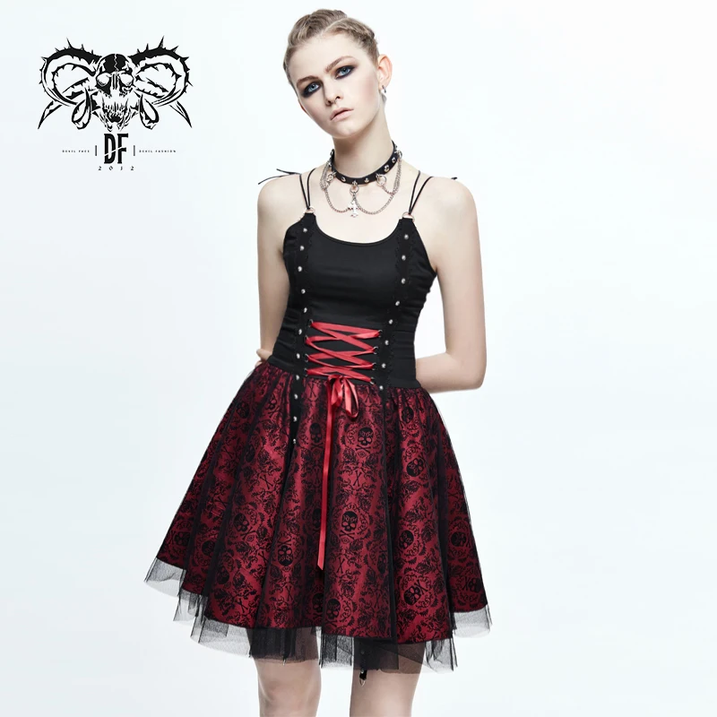 SKT052 Gothic black and red skull printed mesh spliced slip dress lace up sexy women evening party long prom dress with rivets
