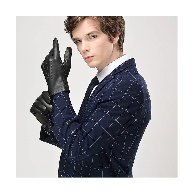 High Quality Custom Winter Full Finger Gloves for Men Genuine Sheep Leather Stylish Black