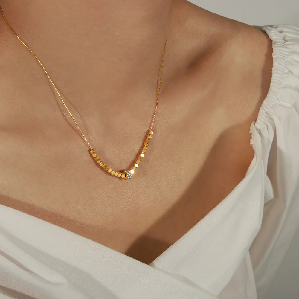 Fashion Jewelry 18k Gold Plated Stainless Steel Square Bead Beaded Inlaid Zircon Circle Charm Necklace Women