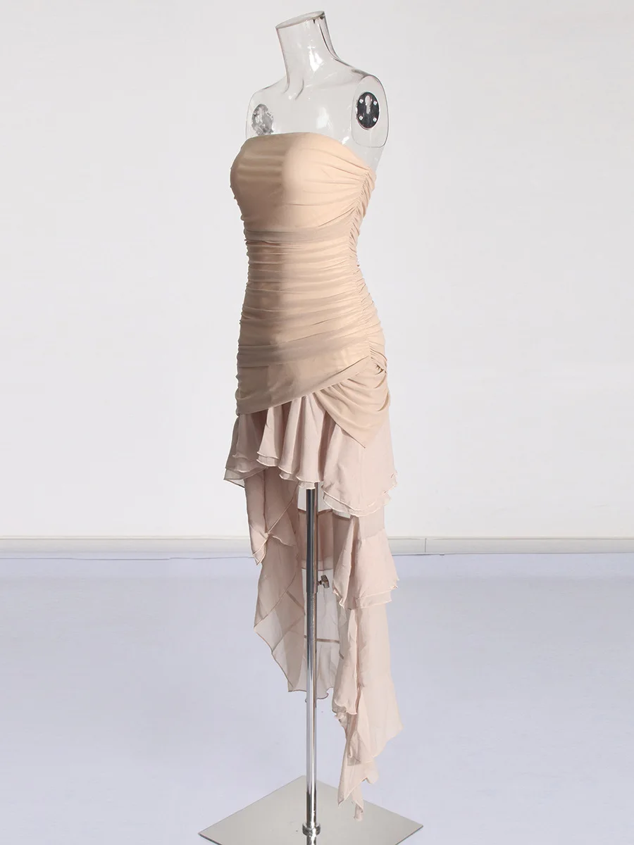 Sexy Socialite style party dress 2024 Summer new tube chest closed waist ruffled open back irregular dress