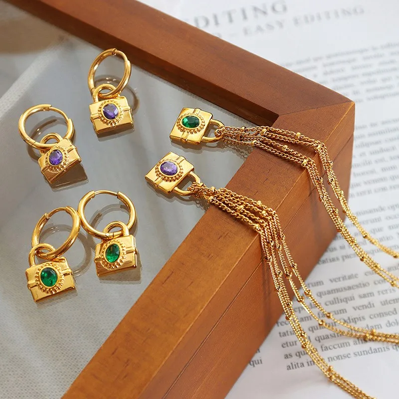 New Zircon Double Layer Stainless Steel Pendant Necklace Cube 18k Pvd Coated Fashion Waterproof Non-fading Jewelry Necklace Set