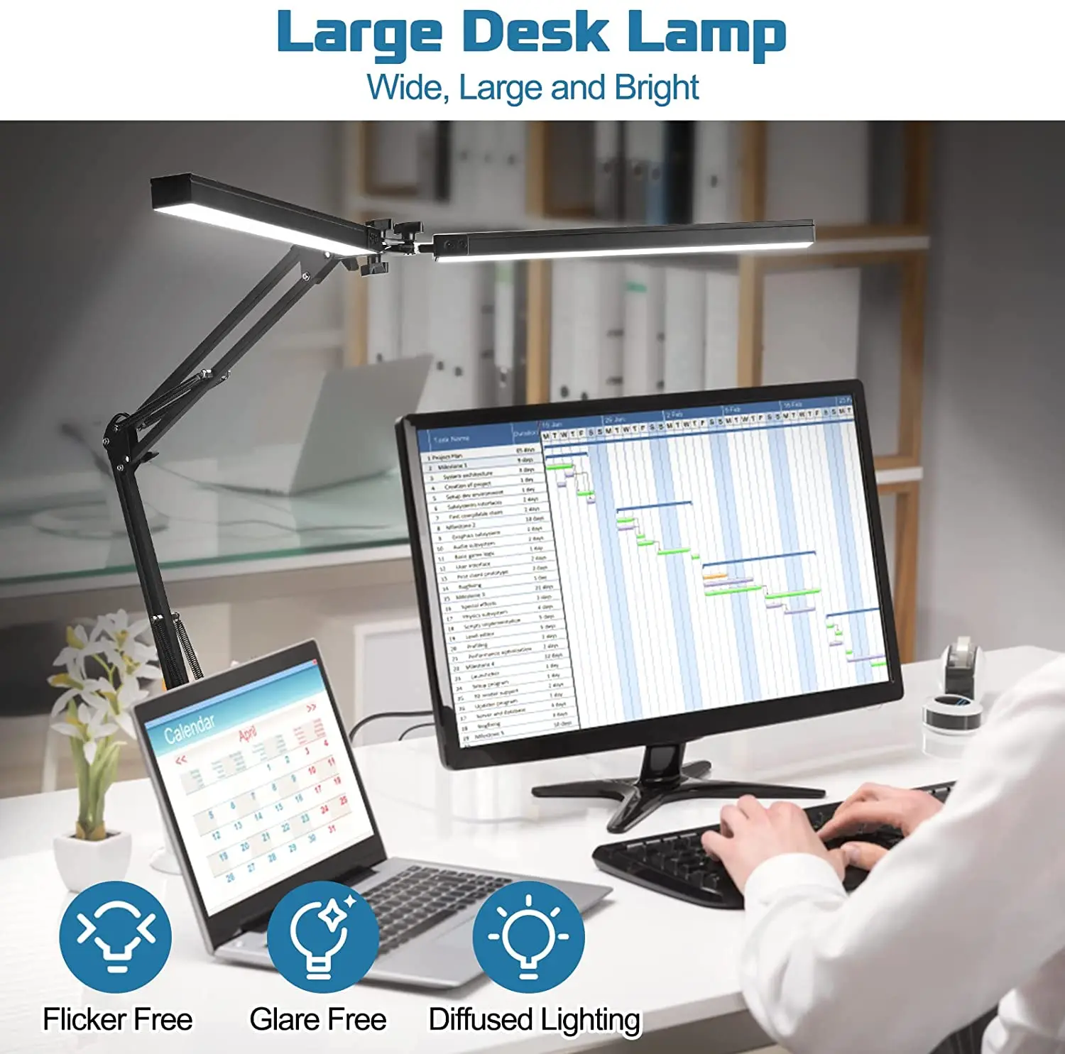 2 Heads Reading And Study Table Lamp With EU/US Plug Adjustable Swing Arm For Office/Study/Working