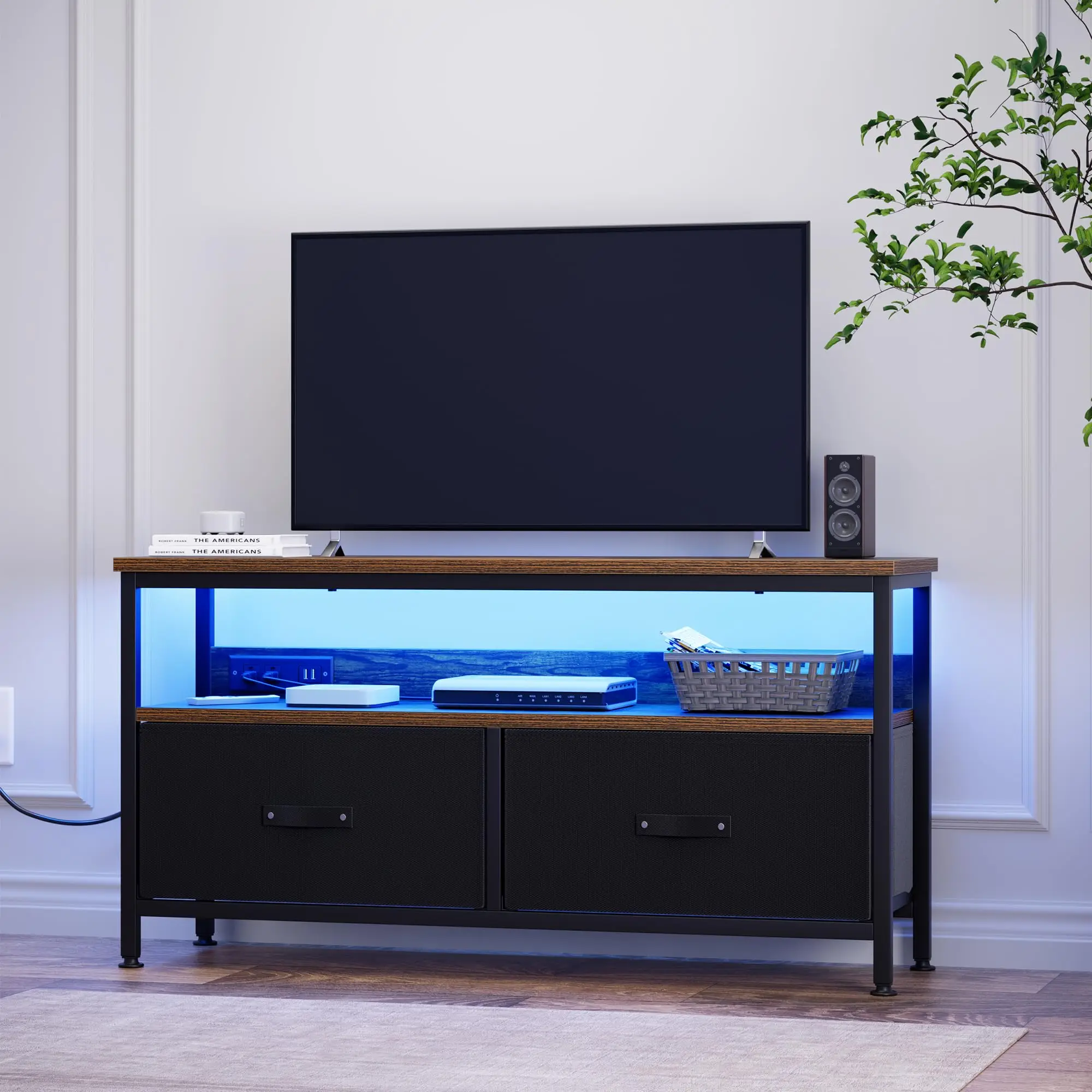 Modern black  TV stand with LED Lights, Charging Station & 2 Drawer Storage Chest for Bedroom, Living Room, Entryway,
