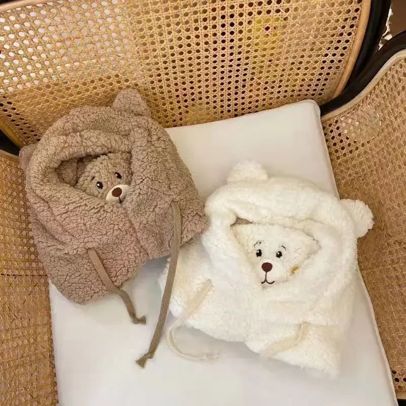 Winter 2 in 1 Scarf Hat Sets With Mask Women Plush Wool Cute Designer Anime Bear Ear Thermal Neck Warm Hat Set