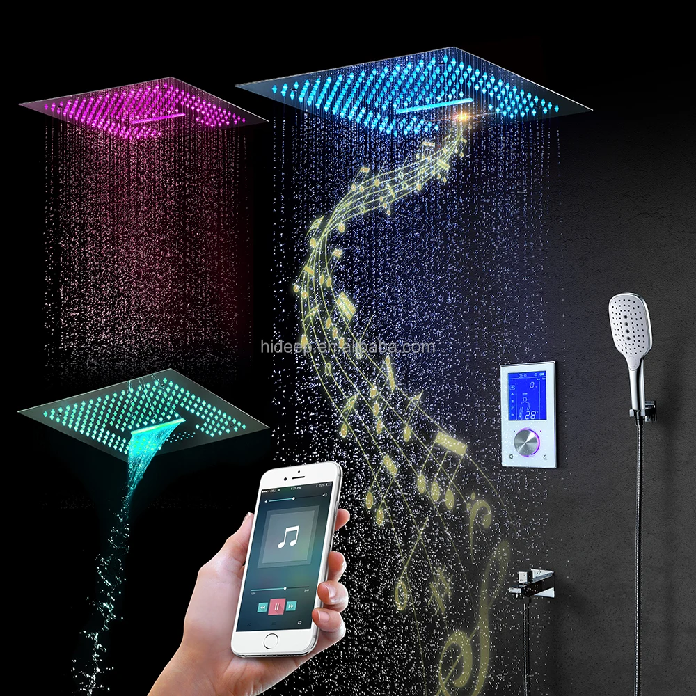 LED Shower Faucet Set Ceiling Embedded 16 Inch Music Speaker Rain and Waterfall Shower Head Hot Cold Touch Main Body
