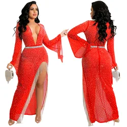 New 2022 Long Flare Sleeve Gown Women Sequins Dress Mesh See Through High Split Tassel Club Birthday Party Shinny Slim