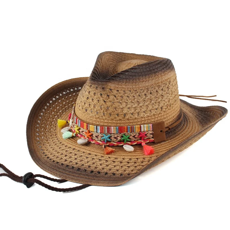 Unisex bohemian style curved denim straw hats for outdoor leisure beach sun protection hats
