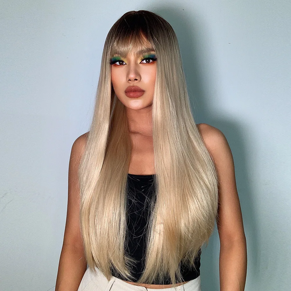 Long Synthetic Straight Wigs Ombre Brown Ash Blonde Wigs with Bang for Women Cosplay Lolita Daily Party Heat Resistant