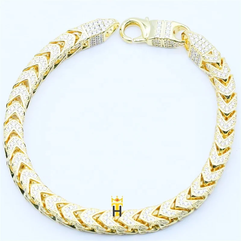 10k 14k 18k yellow gold diamond cut solid franco link bracelet 8mm full rhinestone gold color chain