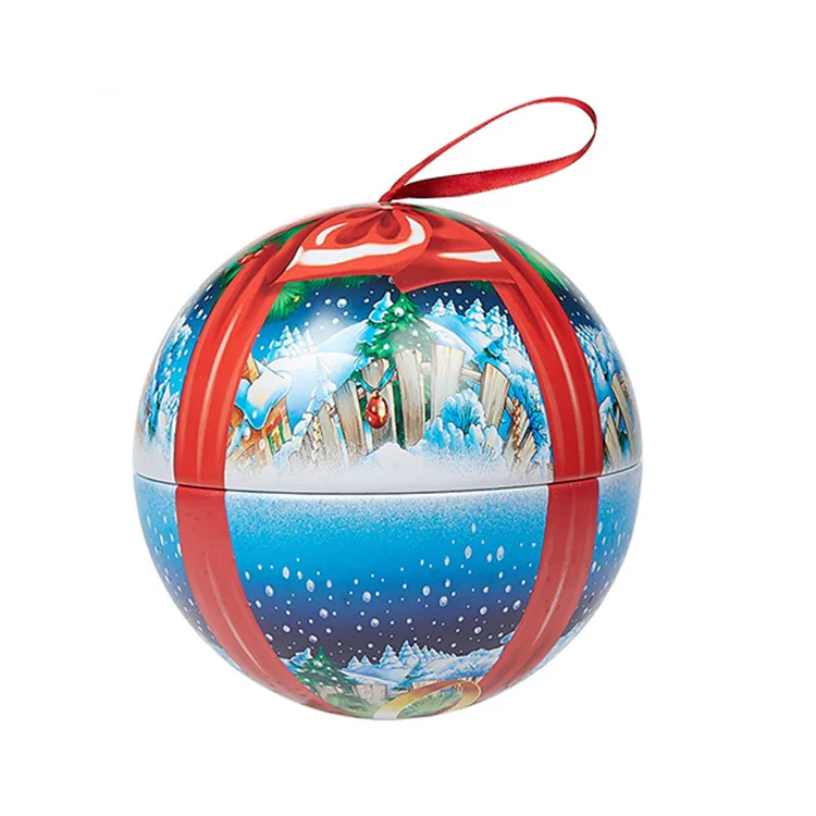 Free Samples Custom Printed Metal Iron Tinplate Ball Christmas Gift Candy Money Tin Box Ball Tin With Ribbon