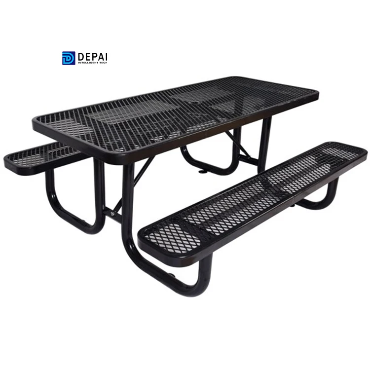 USA Park Design Black Color Expanded Steel 8ft Rectangle Picnic Tables with Two Benches