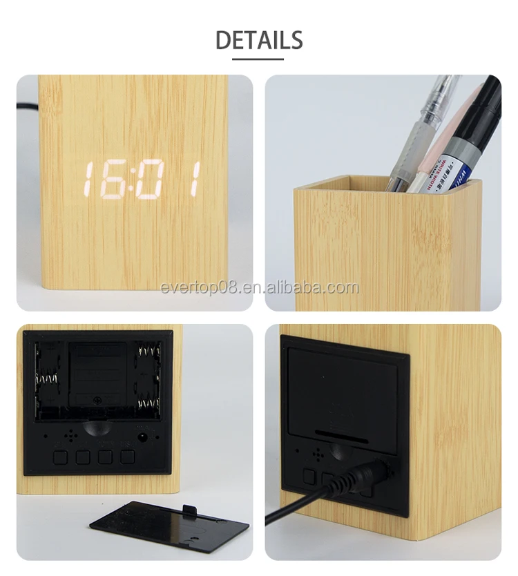 ET587 RTS Wooden Vase Table Clock Digital  LED Display With Multifunctional Holder