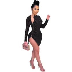 Fashion 2022 New Arrivals Hollow Out Sexy Dresses Women Flocking Double-sided Zipper Long Sleeve Dress