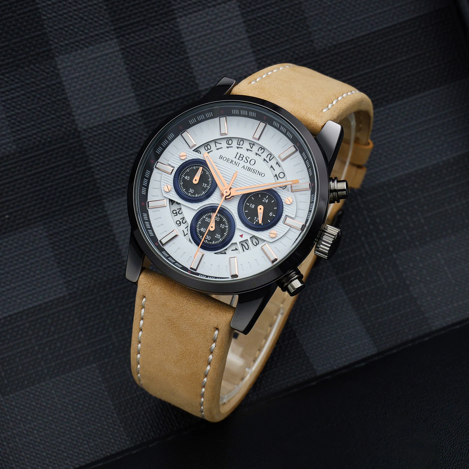 IBSO High Quality Quartz Watch Men Business Style Case 22mm Leather Strap 3Bar Water Calendar Chronograph Design Buckle Seiko