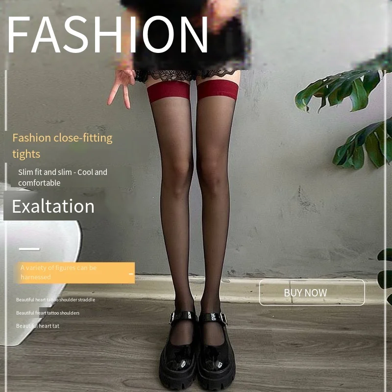 Black Silk Pure Long Knee Socks with Red Side Stitching Sexy Thigh Stockings over Knee Hosiery Featuring Varicose Made of Nylon