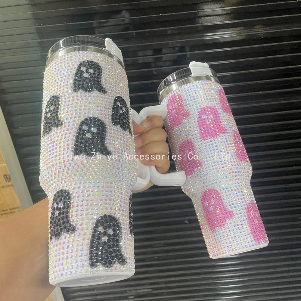 Black Spooky Halloween Full Bling Scream Cup 40 oz Bling Rhinestone Ghost Face Tumbler Cute Ghost Glitter Rhinestone Tumbler