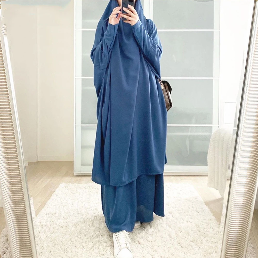 ИД Рамадан мусульманский комплект из 2 частей Jilbab Молитвенное платье для женщин Jilbab Long Khimar Niqab мусульманская одежда