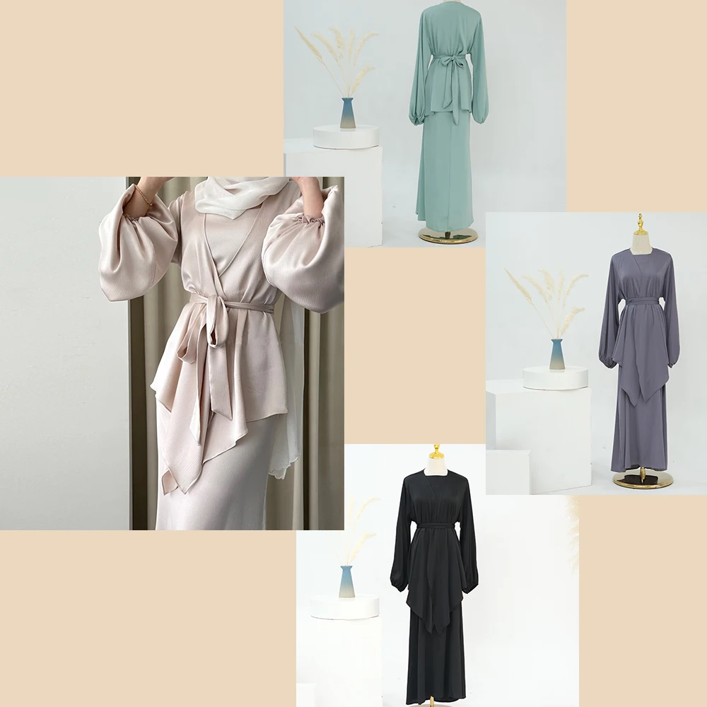2 Piece Satin Abaya Set with Skirts Free Belt Elegant Luxury Modest Eid Muslim Women Dress Islamic Clothing Wholesale Abaya