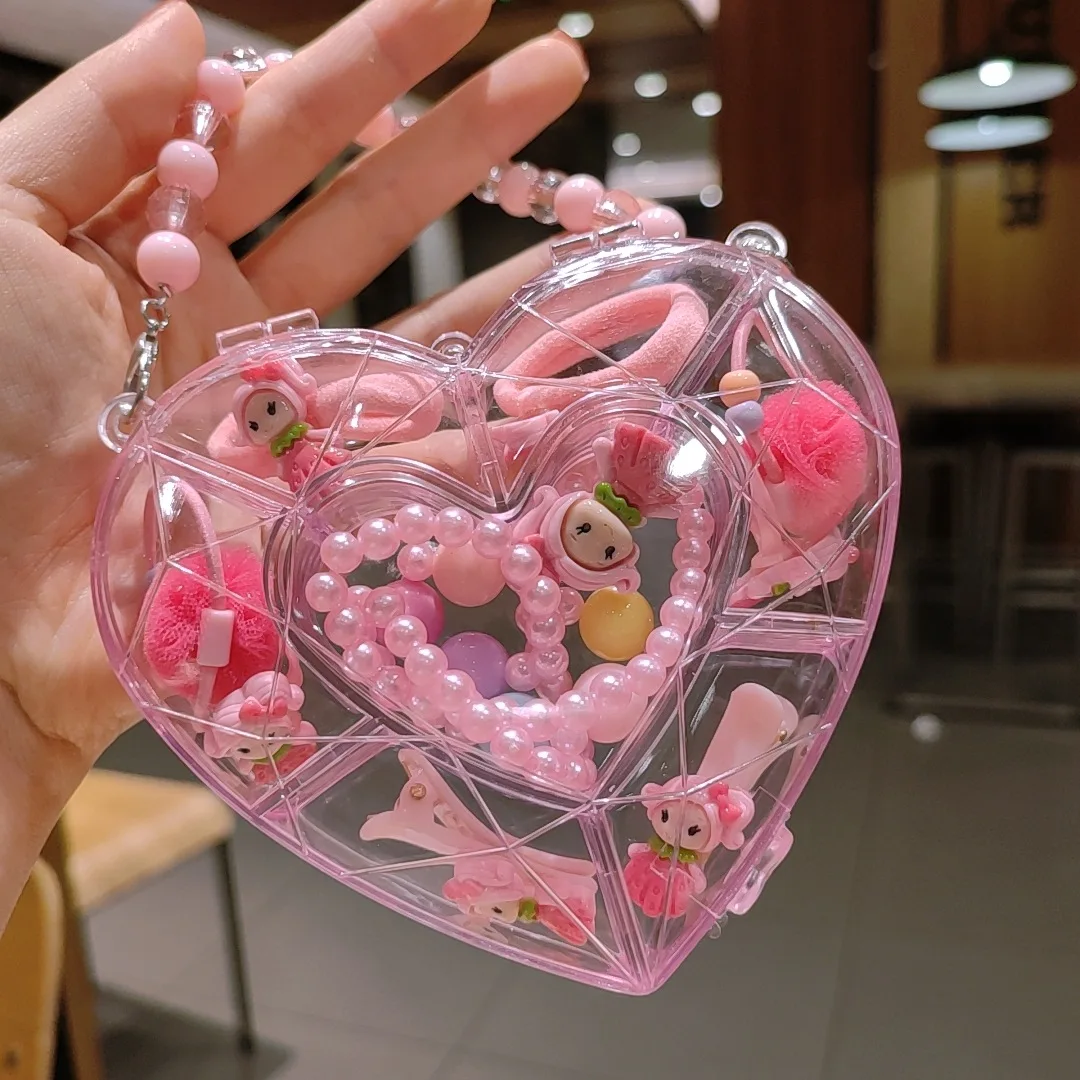 Baby Girls Clear Heart Box Resin Acrylic Bead Chain Kitties Rabbits Pendant Necklaces Bracelets Rings Jewelries Sets