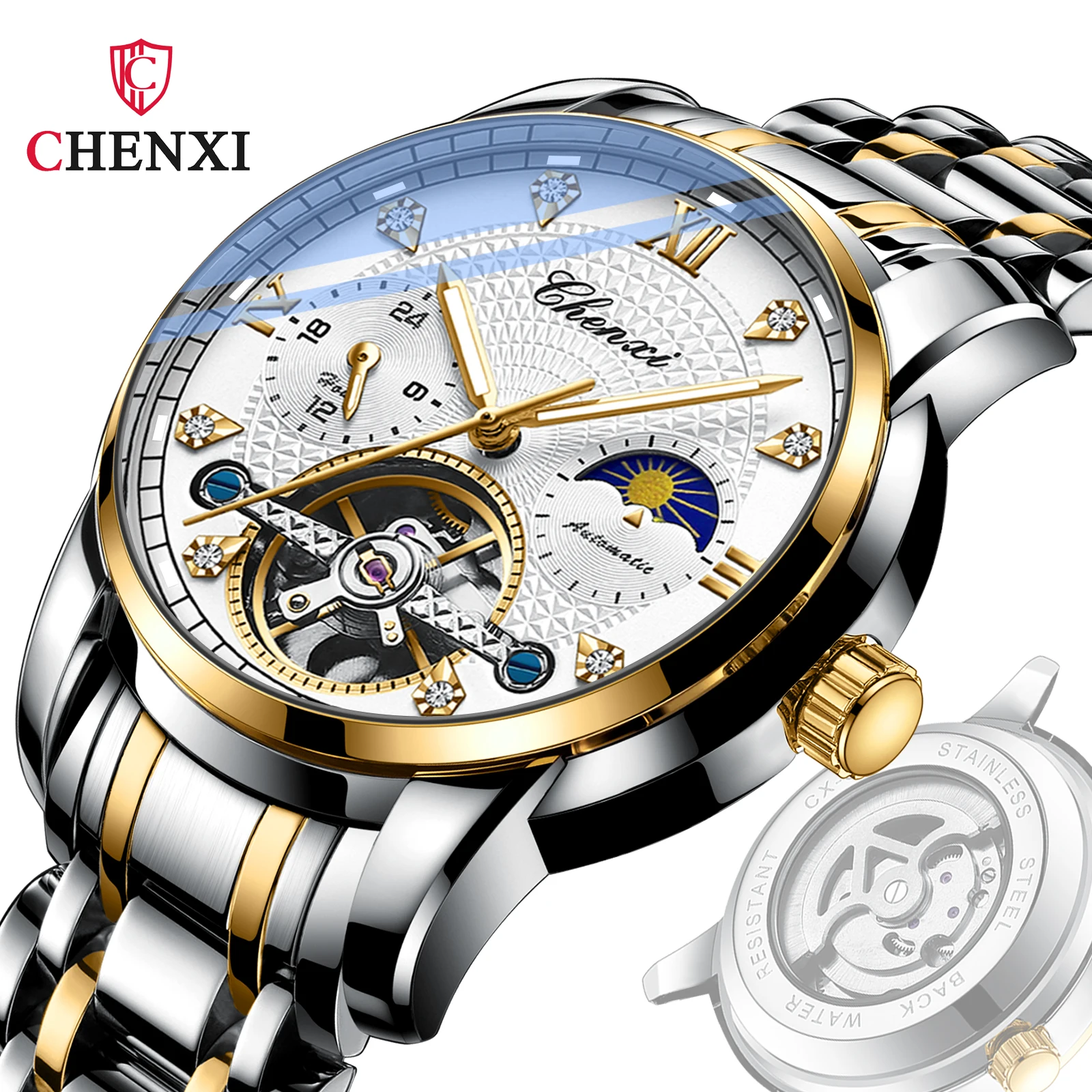 Chenxi Watch Men Skeleton Automatic Mechanical Watch Gold Skeleton Vintage Mens Wristwatches Top Brand Luxury