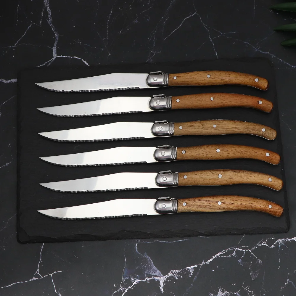 6-Piece Serrated Steak Knives Set Dinner Knife Cutlery Solid Wood Handle Full Tang Steel Laguiole Table Knife Sharp