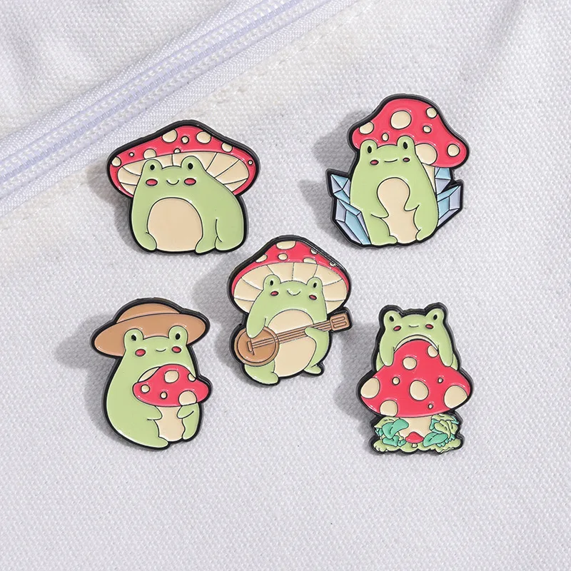 Cute Animal Frog Lapel Pin Mushroom Frog Cartoon Enamel Pins for Backpack Clothes Jewelry-Offset & Silk Screen Printing Gift