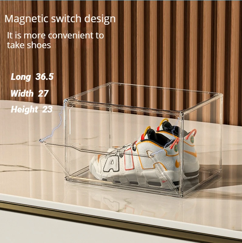 Wholesale transparent acrylic shoe box magnetic suction side door with lid storage box shoe box AJ Sneakers storage